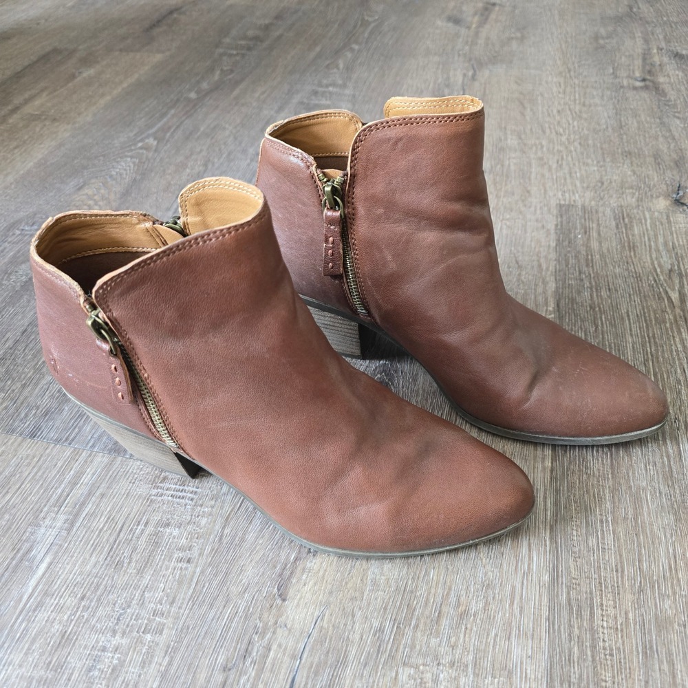 Frye Cognac Brown Leather Dual Zip Ankle Boots Sz 10 Women's Almond Toe Wedge